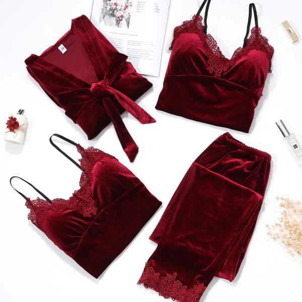 

women's sleepwear women winter velvet 4 piece pajamas set dressing gown lace sling shorts warm robe woman p3ed, Black;red