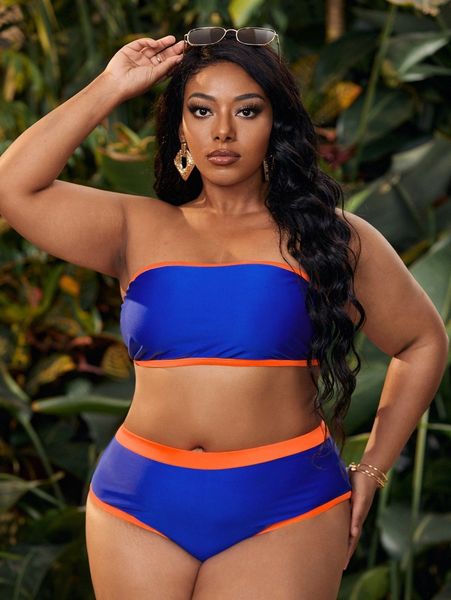 

plus contrast binding bandeau bikini swimsuit t216#, Black
