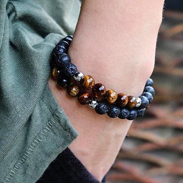 

charm bracelets 2 pcs / set 8mm natural tiger eye stone beads men bracelet weave for & women grace jewelry, Golden;silver