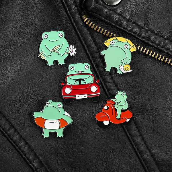 

cartoon frog drive car swimming ring shape brooches students motorbike leaves snail animal collar pins backpack sweater clothes badges acces, Gray
