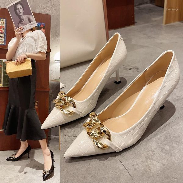 

dress shoes 7 cm 2021 metal chain women pumps pointed toe thin heels fashion high elegant banquet, Black