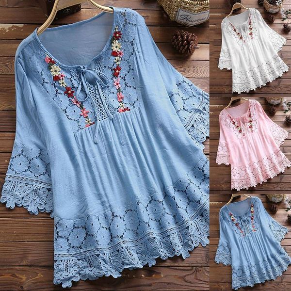 

women's blouses & shirts bohemian style women vintage casual solid blouse v-neck three quarter sleeveless lace patchwork bow tshirt blu, White