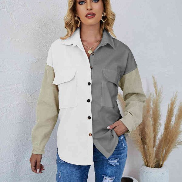 

hoodies autumn and winter 2021 women's corduroy color matching shirt, Black
