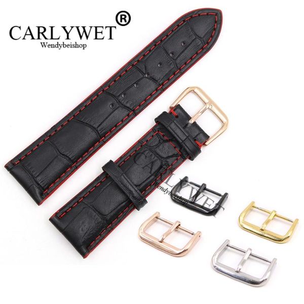 

watch bands carlywet 18 20 22mm black real leather handmade red stitches replacement band strap with silver color polished buckle, Black;brown