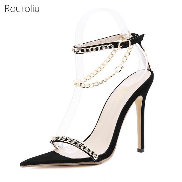 

dress shoes 2021 pointed toe metal chain sandals women summer buckle strap stiletto female thin high heel party, Black