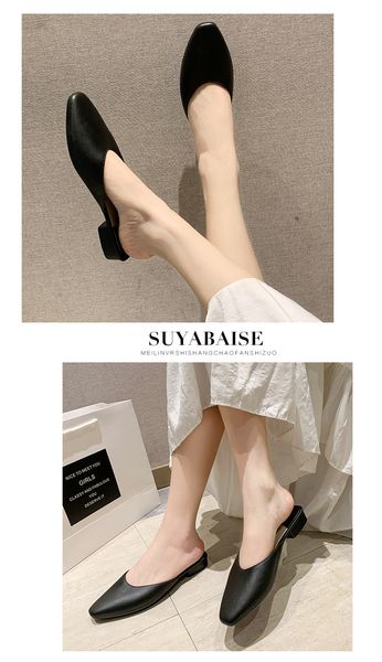 

summer lazy slippers closed toe chunky heel pointed female non slip outdoor indoor leisure female flip flops, Black