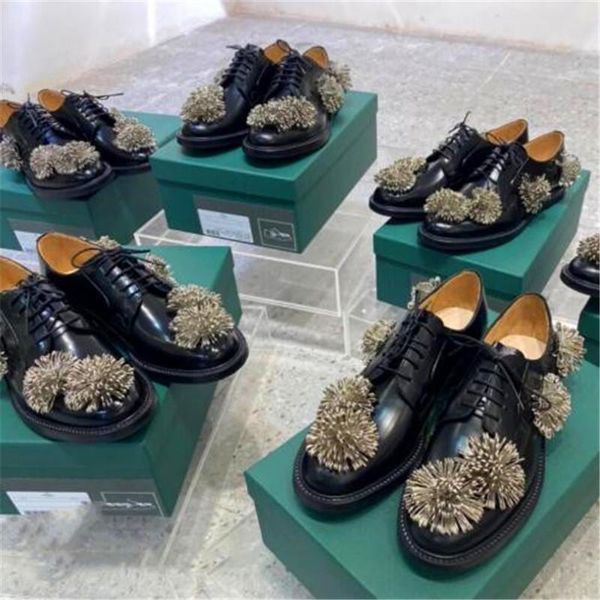 

dress shoes pin flower small leather women's retro firework lace-up single ins wind increased thick bottom high heel, Black