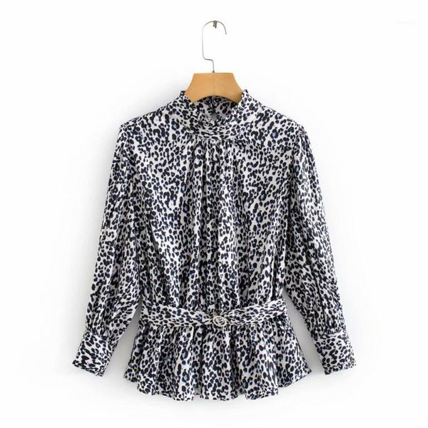 

2020 new women agaric lace stand collar leopard print sashes blouse shirt women animal pattern smock blusas casual ls61091, White