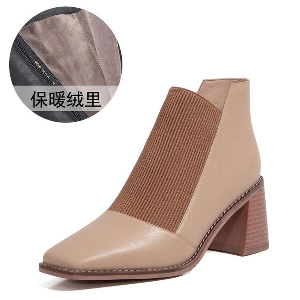

boots spring 2021 thick heeled leather shoes for women with square toe elastic knitting spliced bare high heel and no p, Black
