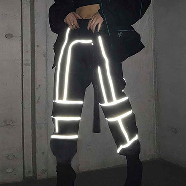 

reflective cargo pant high waist joggers hip pop casual harem glowing sweat ladies wild belt female trousers 210531, Black;white
