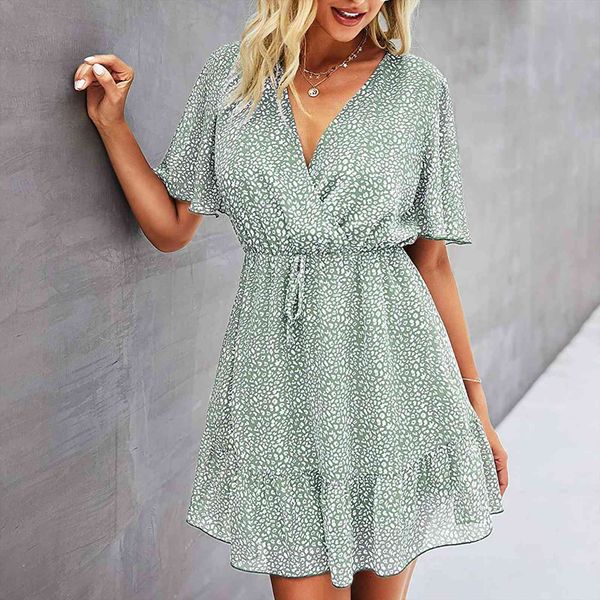 

boho style polka dot printing women dresses short sleeve mini v neck loose ladies beach sundress robe mujer, Black;gray