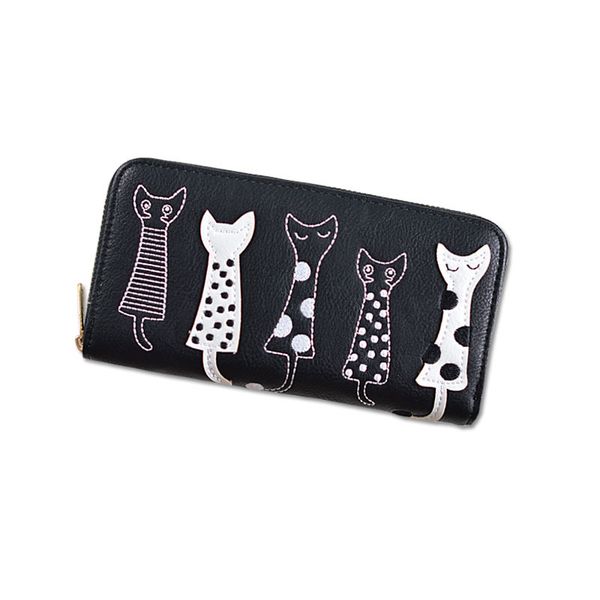 

women's european and american cat cute cartoon wallet embroidery thread pu leather ladies zipper long wallet clutch, Red;black