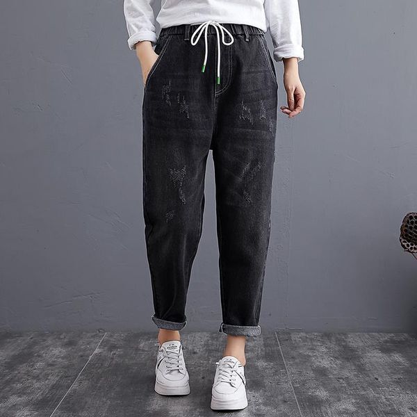 

women 2021 spring autumn fashion plus size loose jeans female elastic waist pockets trouser ladies solid color harem pants q695, Blue