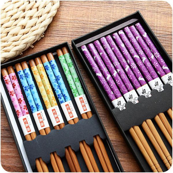 

5 pair set reusable handmade bamboo japanese natural wood chopsticks gift box sushi chinese wooden chop sticks