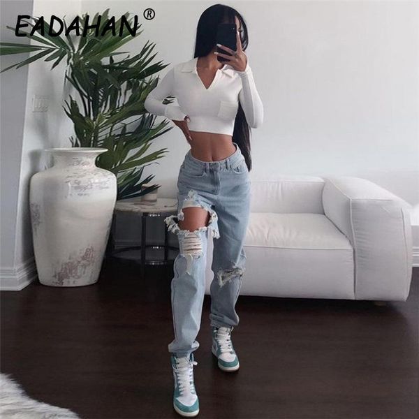 

women's jeans eadahan women high waist slim loose slim-fit pants straight leg plus size skinny denim ripped casual fashion, Blue