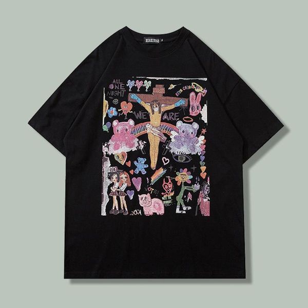 

men's t-shirts hip hop t shirt men harajuku loose streetwear short sleeve cross graffiti oversize tees casual wear cotton couple top, White;black