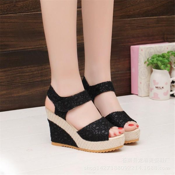 

women sandals 2021 new summer fashion lace hollow gladiator wedges shoes woman slides peep toe hook & loop solid lady casual, Black