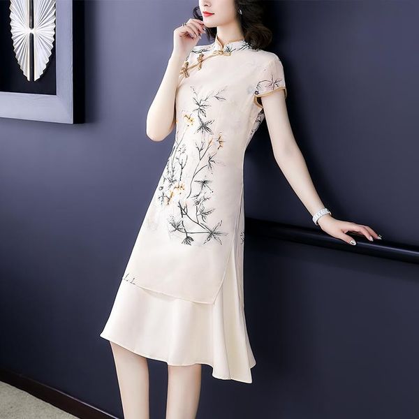 

casual dresses women dress summer spring 2021 office lady national wind korea style fashion print full sleeve stand neck high waist, Black;gray