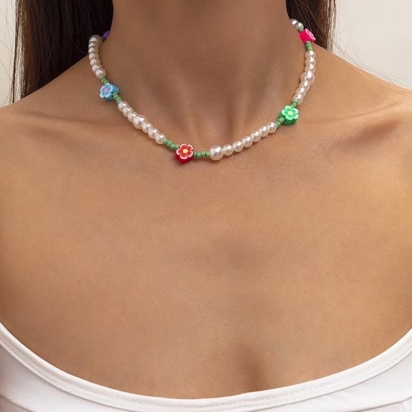 

chokers fashion colorful polymer clay daisy flower pearls choker necklace women vintage beads clavicle collar jewelry gift, Golden;silver