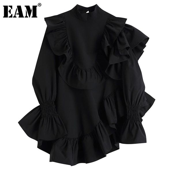

casual dresses [eam] women black ruffles irregular big size dress stand collar long sleeve loose fit fashion spring autumn 2021 1dd5414, Black;gray
