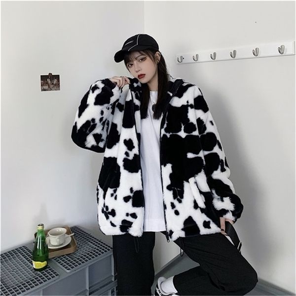 Cappotto di moda invernale coreano Harajuku Mucche Stampa Giacca di pelle a maniche lunghe allentata Flanella vintage Tenere caldi vestiti di cotone 211112
