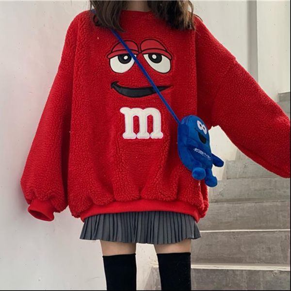 

faux lamb wool hoodies sweatshirts women o neck cartoon letter sweatshirts long sleeve loose pullocver oversized outwear w251, Black