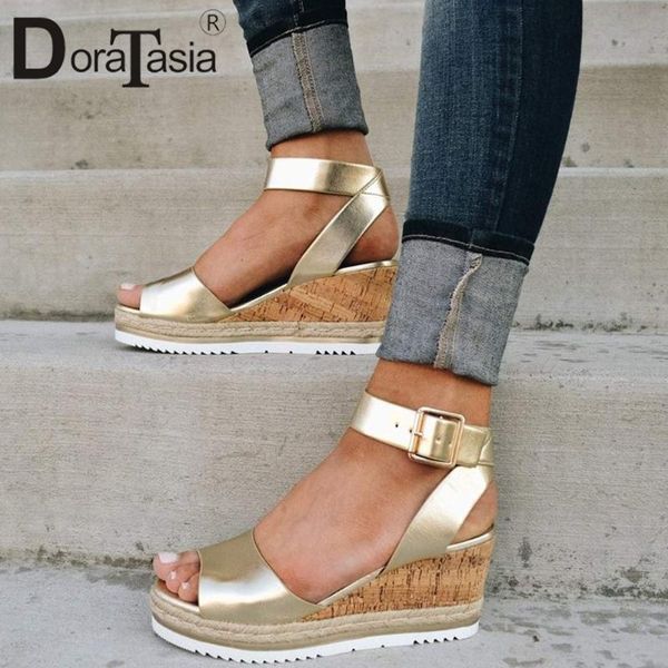 

doratasia brand new ladies gladiator sandals platform wedges high heels buckle sandals women 2021 casual comfort shoes woman, Black
