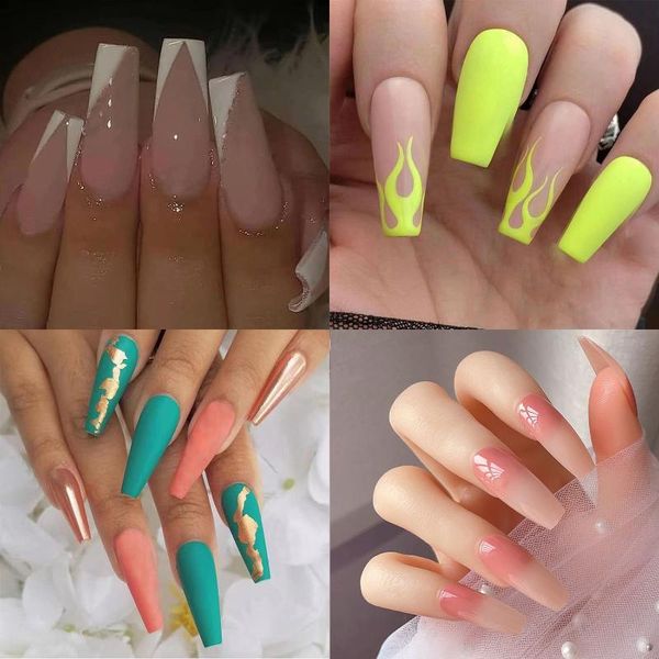 

false nails 24pcs/box detachable butterfly ballerina wearable coffin fake full cover nail tips press on women girls, Red;gold