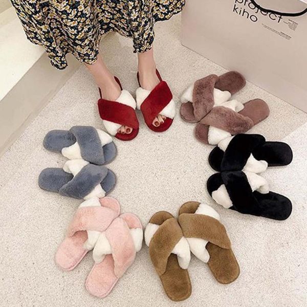 

slippers women's cross band color contrast soft plush furry shoes imitation fur flat indoor outdoor lady, Black