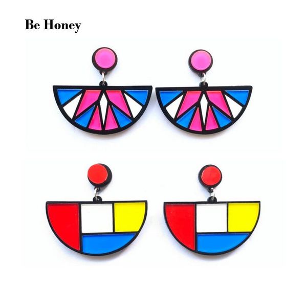 

stud trendy colorful mondrian art printing and geometric shapes semicircle acrylic earrings for women, Golden;silver