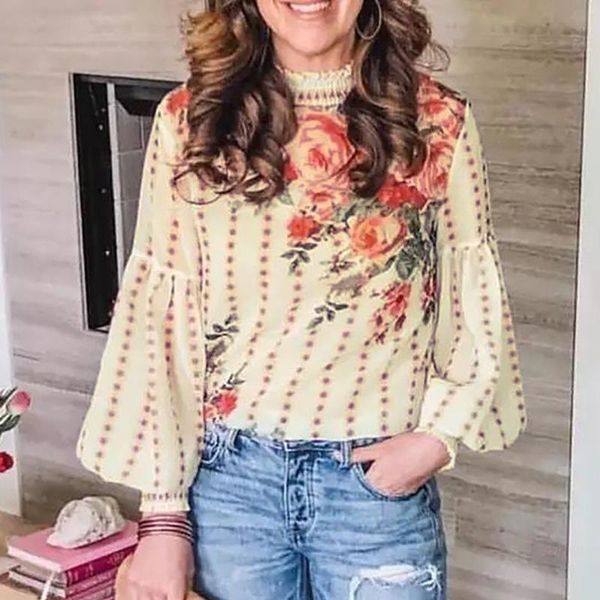 

women's blouses & shirts vintage blouse women autumn floral print chiffon turtleneck lantern sleeve keyhole button elegant female shirt, White