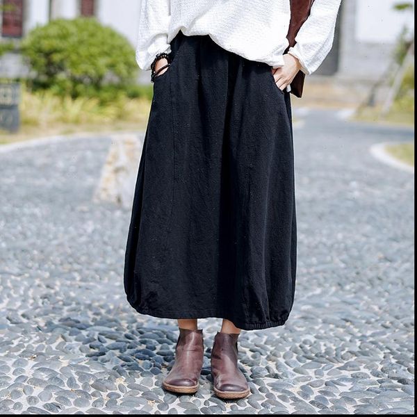 

2020 new simple retro pockets all match women flower bud half skirt autumn loose comfortable plus size half skirts, Black