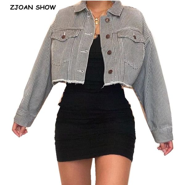 

2021 autumn drop shoulder check plaid short jacket vintage women lapel pockets single breasted draped jean coat cool outerwear, Black;brown