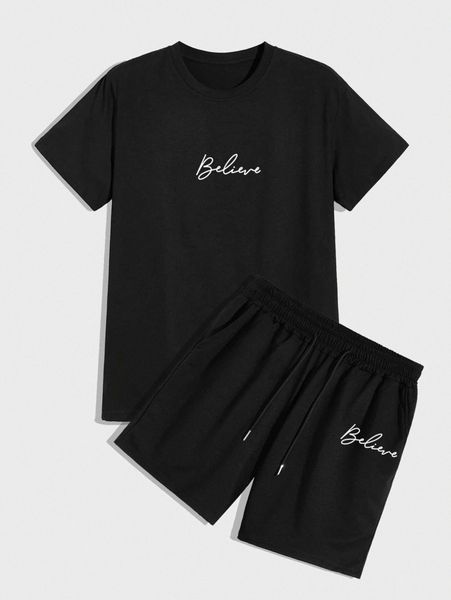 

men letter graphic tee & drawstring waist shorts 44dw#, Gray