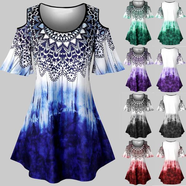 

l-5xl plus size women shirts tie-dye printed cold shoulder blouse and casual o-neck short sleeve tunic blouse femme, White