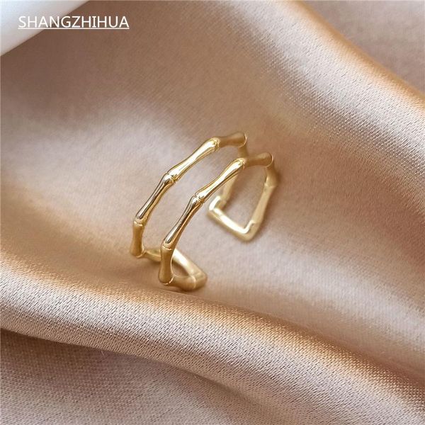 

cluster rings shangzhihua 2021 gothic trend gold double hollow adjustable ring for women luxury unusual girl jewelry accessories, Golden;silver