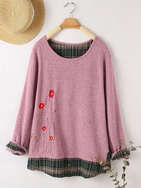 

2021 new winter autumn trendy women flower embroidery plaid patchwork fake two pieces sweater female o-neck long sleeve pullover knitwear fx, White;black