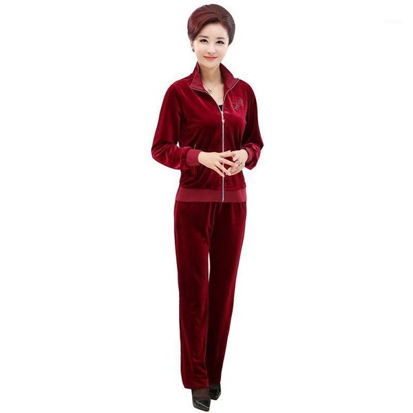 

two piece dress women velvet tracksuit spring autumn mother clothes long sleeve jacket+trousers two-piece suit plus size 4xl pants set, White