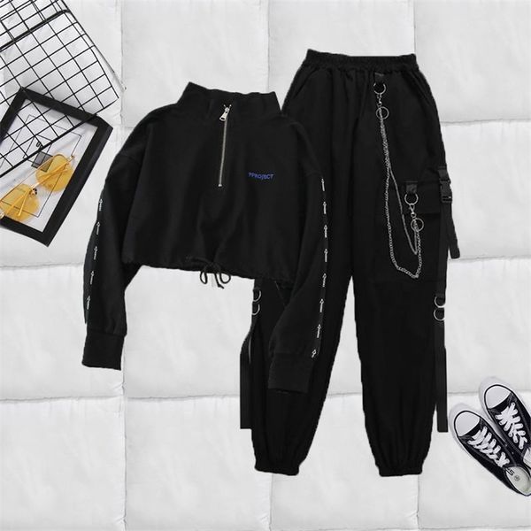 

women cargo streetwear harajuku pant chain females two piece sets pants buckle ribbon pocket jogger elastic high waist pants 211027, White
