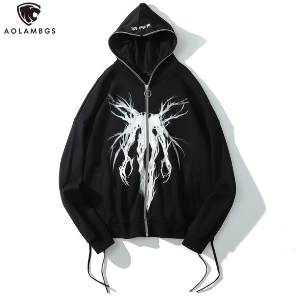 

aolamegs punk graphic print zipper ribbon hooded hoodie men casual black cool oversize coat fashion sweatshirt streetwear autumn