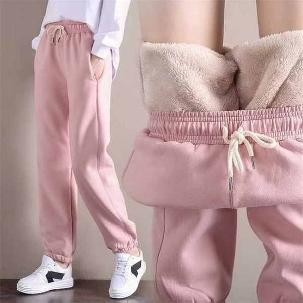 

winter pants women leggings fleece solid color thick plush warm trousers female casual workout loose sweatpants 211218, Black