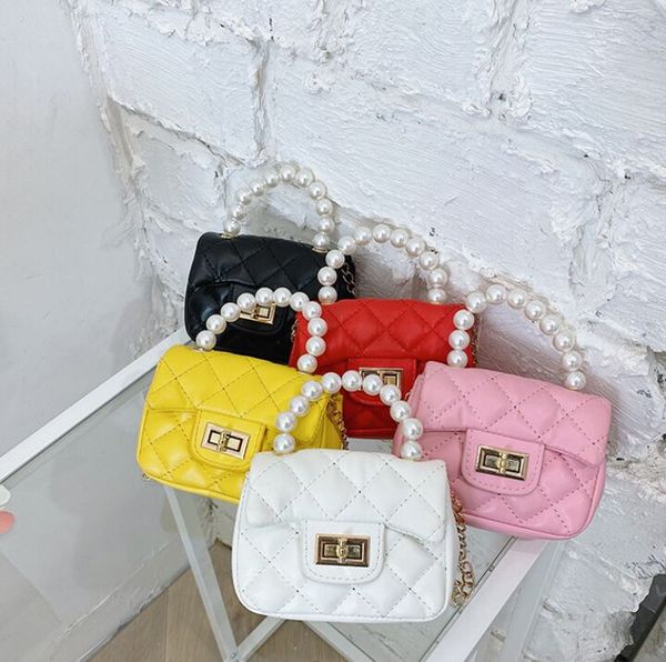 

winter pu leather handbags casual simple baby bags kids pearl princess purse, Black