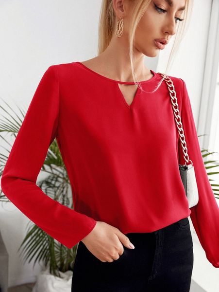 

solid keyhole neck blouse t4bm#, White