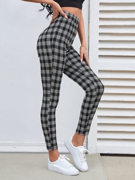 

high waist plaid skinny pants p6bi#, Black;white