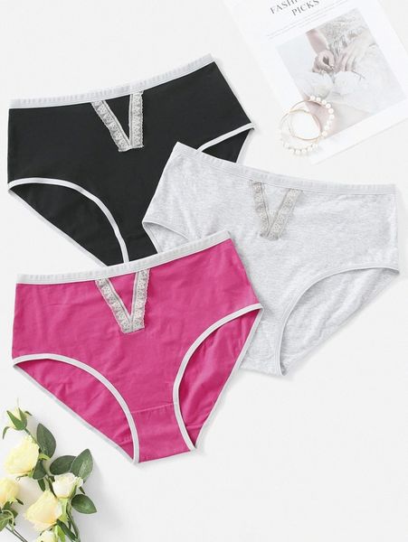 

3pack plus contrast lace panty g96c#, Black;white