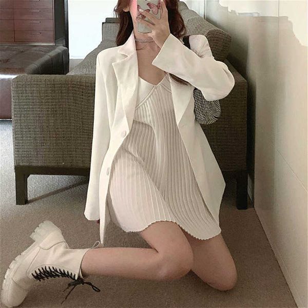 

two piece dress dress 2 women autumn v-neck spaghetti strap mini dress+casual white blazers y2k set fashion suit party korean clo 96t4