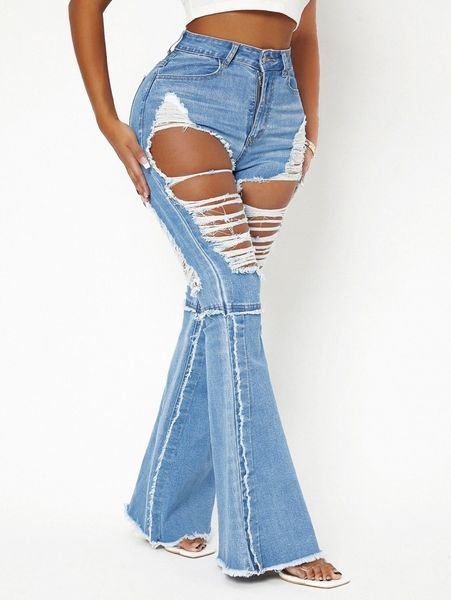 

sxy ripped raw hem flare leg jeans u5ch#, Blue
