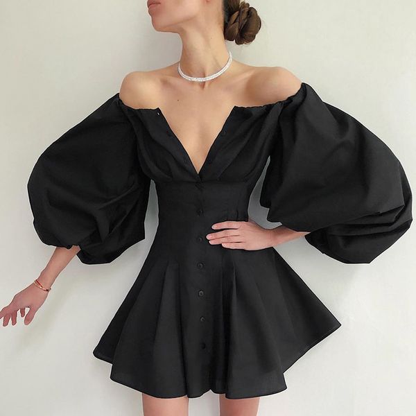 

autumn 2021 new mini off the shoulder big sleeve high waist white women black vestidos 6q67, Black;gray