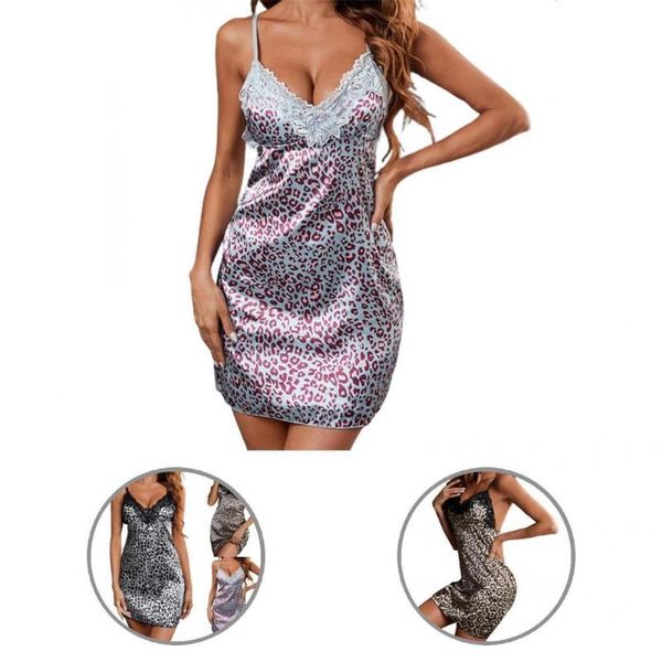 

women's sleepwear sleeveless loose hem lace stitching leopard print women for honeymoon, Black;red