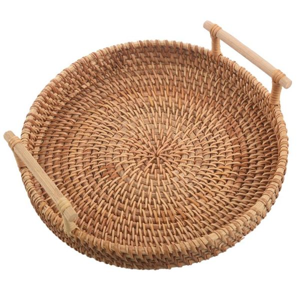 

storage baskets rattan bread basket round woven tray with handles for serving dinner parties coffee breakfast (8.7 inches)